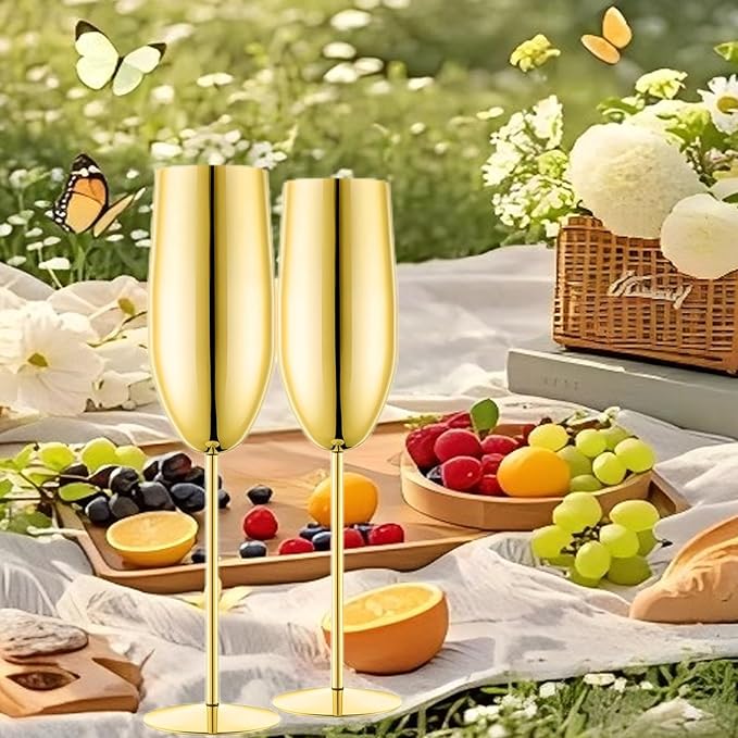 Champagne Glasses Set of 2 Stainless Steel Champagne Flutes Wedding Gifts for Bride 8.5 oz Unbreakable Gold Champagne Glasses for Party Wedding Christmas Anniversary Brithday