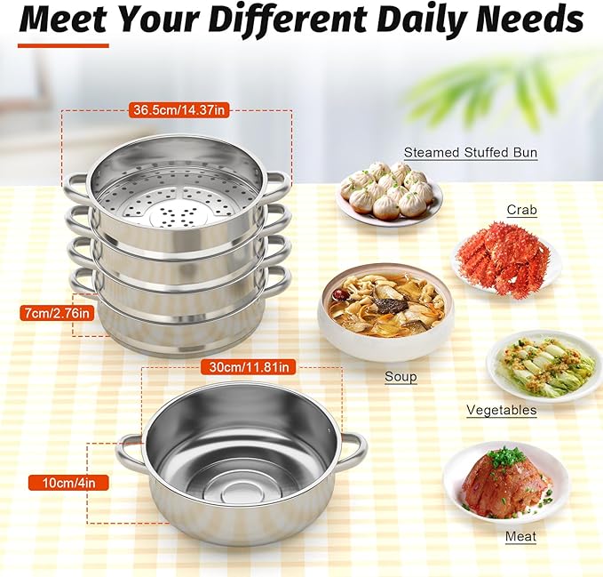 Steamer Pot 12in, 5-Tier Stackable Steamer Cooker with Lid and Triply Bottom, 304 Stainless Steel Food Cookware Set for Vegetables, Dumplings, Seafood on Gas & Electric Stoves