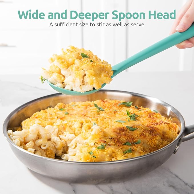 600ºF Heat Resistant Silicone Spoons: U-Taste 13.3in Solid & Slotted Kitchen Cooking Tool, Nonstick Long Rubber Utensil, Sturdy for Mixing, Serving, Stirring, Frying, Basting (Aqua Sky, 2PCS)
