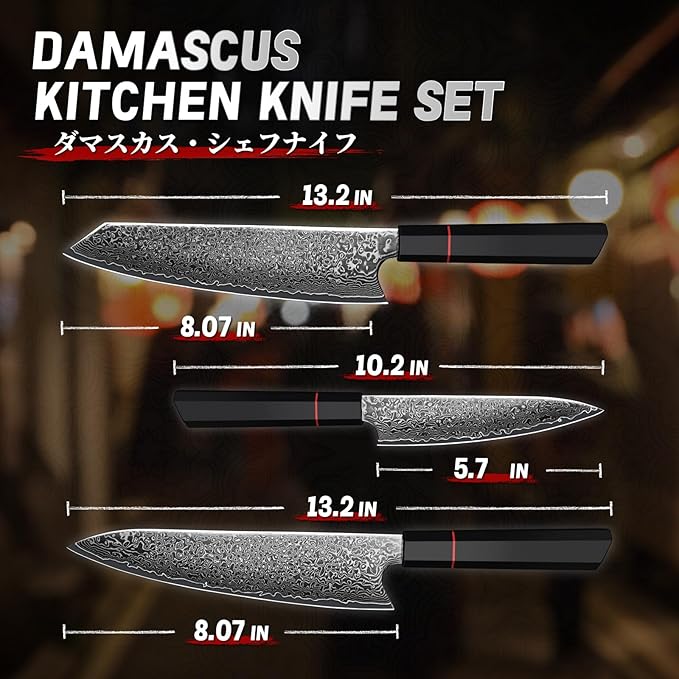 TIVOLI Damascus Knife Set 3PCS, Japanese Kitchen Knife With VG10,Ultra Sharp Cooking Knife Set With Octagonal Handle,Professional Chef Knives Set for Meat Vegetable Fruit, Ideal Gift for Dad,Mom