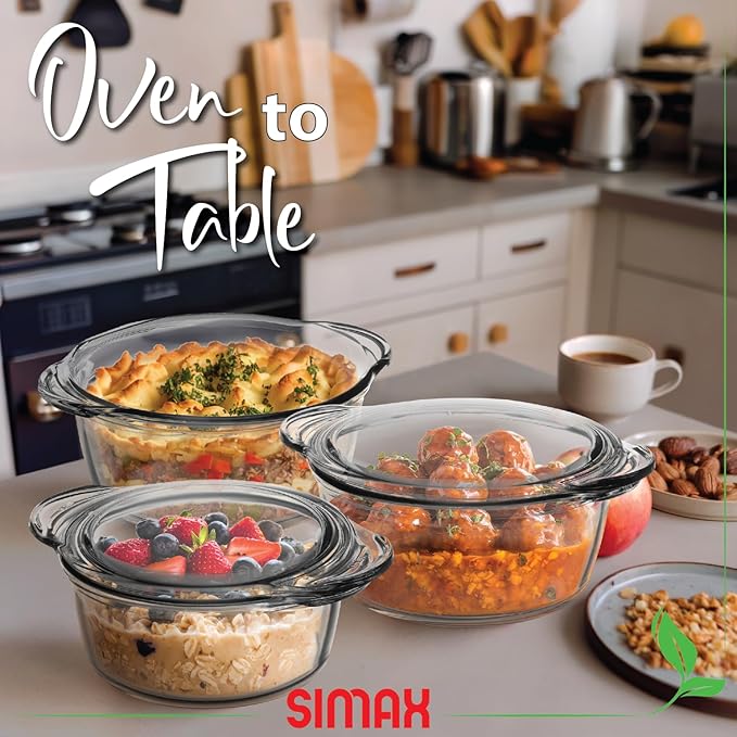 Simax Glass Casserole Dishes for Oven with Lids, Set of 3 Baking Dishes, Covered 1.50, 1.75 & 3 Quart Casserole Dish with Lid, Glass Baking Dishes for Oven, Lead-Free Cookware