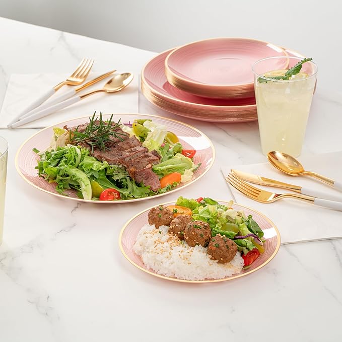 Restaurantware Plastic Plates 200 Pcs 7.13" and 10" Combo Gold Rimmed Plate Set Disposable Heavy-Duty Pink Translucent Rippled Plastic Dinner Servers for Party, Weddings, Salads, Desserts