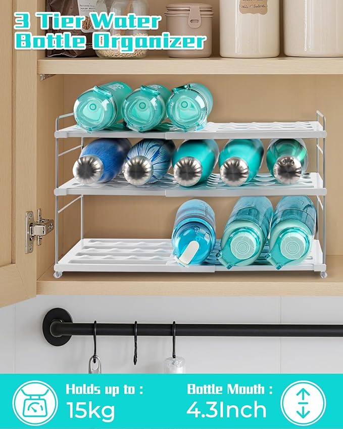 Water Bottle Organizer Holder for Cabinet, 3 Tier Expandable Water Bottle Storage Rack for Tumbler Travel Mug Cup Kitchen Pantry Organization and Storage for Stanley Cup