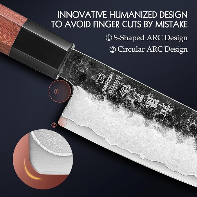 HEZHEN 5.5 Inches Santoku Knife, Three-layer Clad Steel, Professional small Japanese Chef Knife, Ultra Sharp Blade, Red Wood Octagonal Handle