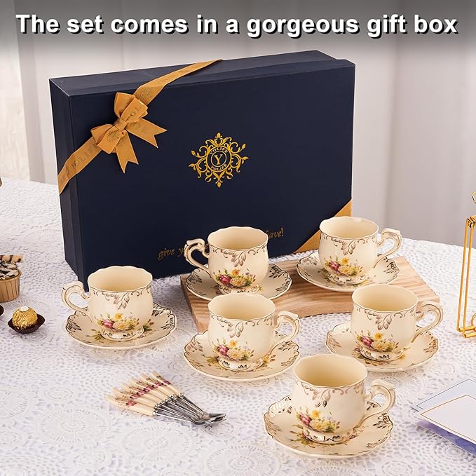 YOLIFE Tea Cups and Saucers Set of 6, Ivory Porcelain Tea Cups Set with Stand, Floral with Gold Leaves Trim Design, Gift for Women (Includes Gift Box, Tote Bag, Greeting Card)