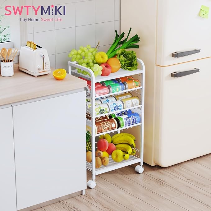 SWTYMIKI Can Organizer for Pantry - Stackable Rolling Snack Cart, Soda Can Organizer, Multi-Functional Shelf with Adjustable Wheels for Kitchen, Office, Living Room, White