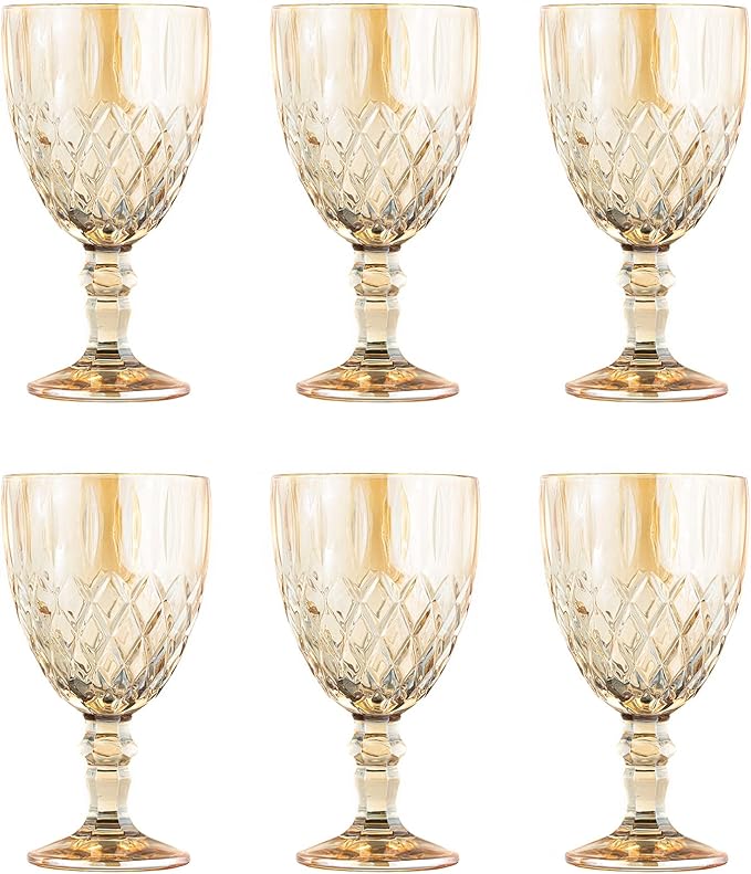 Vintage Wine Glasses Set of 6, 11 Ounces Colored Glass Water Goblets, Colorful Unique Embossed Pattern High Clear Stemmed Glassware Wedding Party Bar Glass Drinking Cups Amber Fancy Glasses