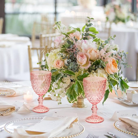 24 Pcs Vintage Wine Glasses, 10 Ounce Colored Glass Water Goblets, Unique Embossed Pattern High Clear Stemmed Glassware Wedding Party Bar Glass Drinking Cups, Diamond Pink Glasses Set of 24