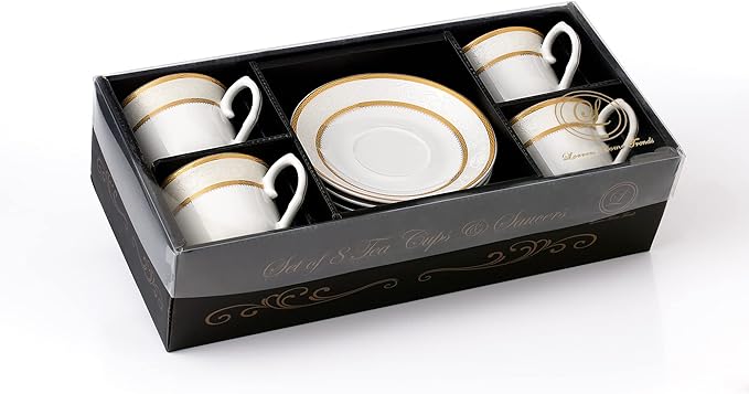 World Gifts Elegant Durable and Colorful Porcelain Tea-Coffee Cups and Saucers Set - Gold, 8 oz. Set of 4
