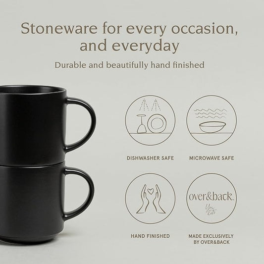 over&back Stackable Stoneware Coffee Mugs - 4-Piece Mug Set - Enjoy the Perfect Cup of Coffee, Tea, Latte, and More - Semi-Matte Black- 14oz