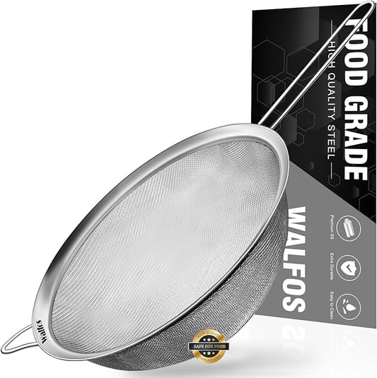 Walfos 9 Inch Large Fine Mesh Strainer, Kitchen Metal Food Strainers with Sturdy Handle, Stainless Steel 30 Mesh Sieve Sifters for Rice, Quinoa, Pasta, Fruits, Vegetables, etc.
