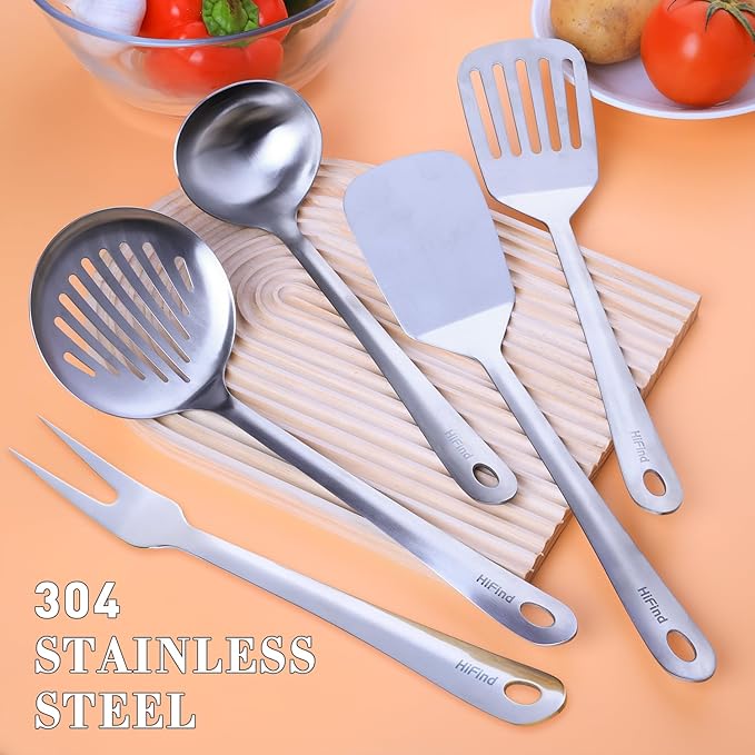 Cooking Utensils Set, Stainless Steel Kitchen Utensils Set, Durable Kitchen Gadgets- 5 PCS -Ladle, Skimmer, Slotted Turner, Solid Turner, Meat Fork