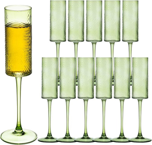 12 Pieces Green Champagne Flutes,6 OZ Twill Pattern Striped Vintage Stem Glasses Stemware Wine Glasses Champagne Long Stem Drinking Colored Glasses Goblets for Wedding Cocktail Cups,Cava, Prosecco