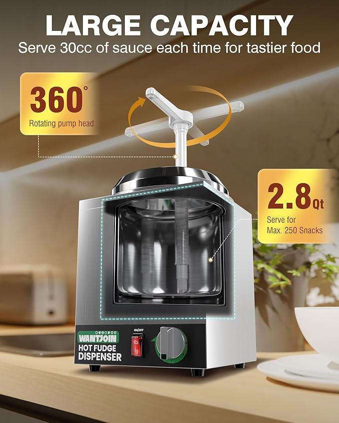 WantJoin 2.8Qt Nacho Cheese Dispenser with Pump - Nacho Cheese Warmer,Stainless Steel Hot Fudge Warmer W/5-Level Temperature Adjustment,Commercial Hot Fudge Dispenser for Caramel