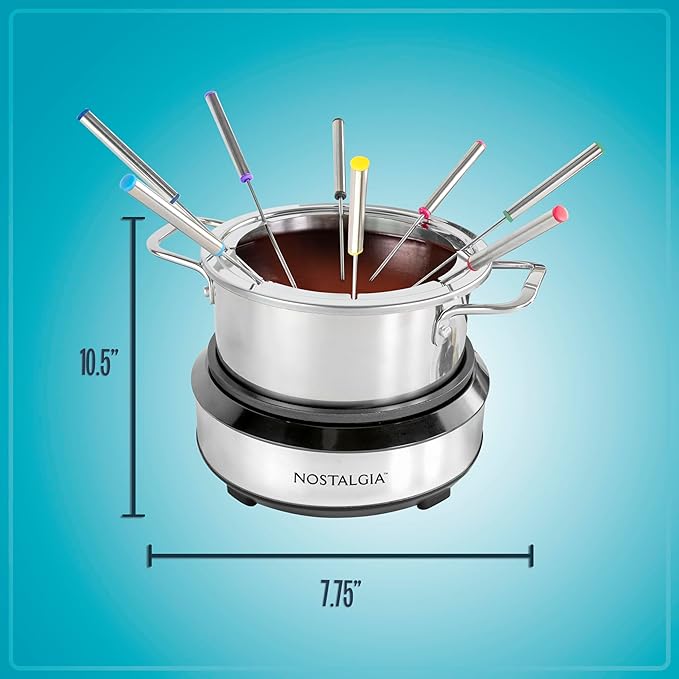 Nostalgia 8-Cup Electric Fondue Pot Set for Cheese & Chocolate - 8 Color-Coded Forks, Temperature Control - Kitchen Gadgets and Appliances for Hors d'Oeuvres and More - Stainless Steel