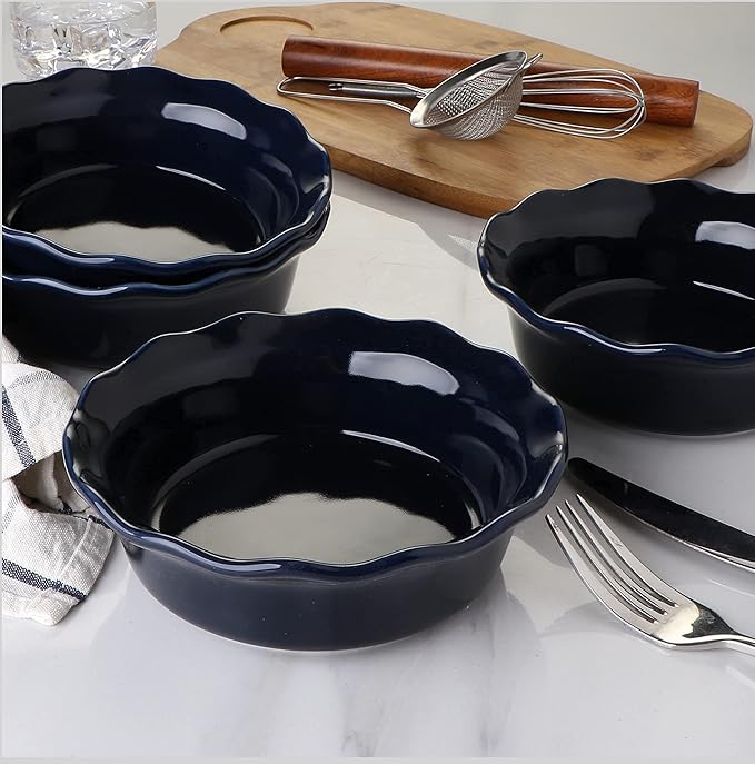 ONEMORE Pie Pans, 6.8 inch Small Chicken Pot Pie Plates 16 oz Deep Dish Pie Pan Ceramic Baking Plates for Dessert Oven Safe Round Baking Dish Pans Set of 4 - Blue