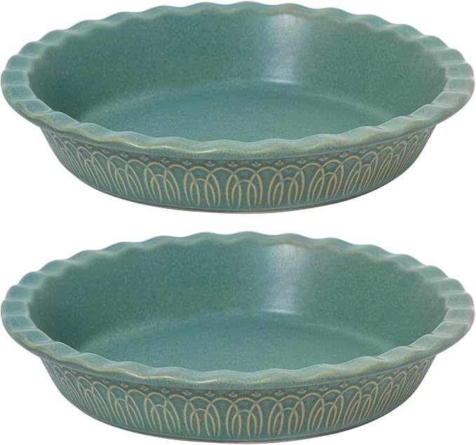 Fun Elements Ceramic Pie Pan, 9 Inch Pie Dish for Baking, Ruffled Pie Plate, Non-Stick Deep Dish Pie Pan for Apple Pie and Pot Pie, Thanksgiving Christmas Gifts, Set of 2, Green