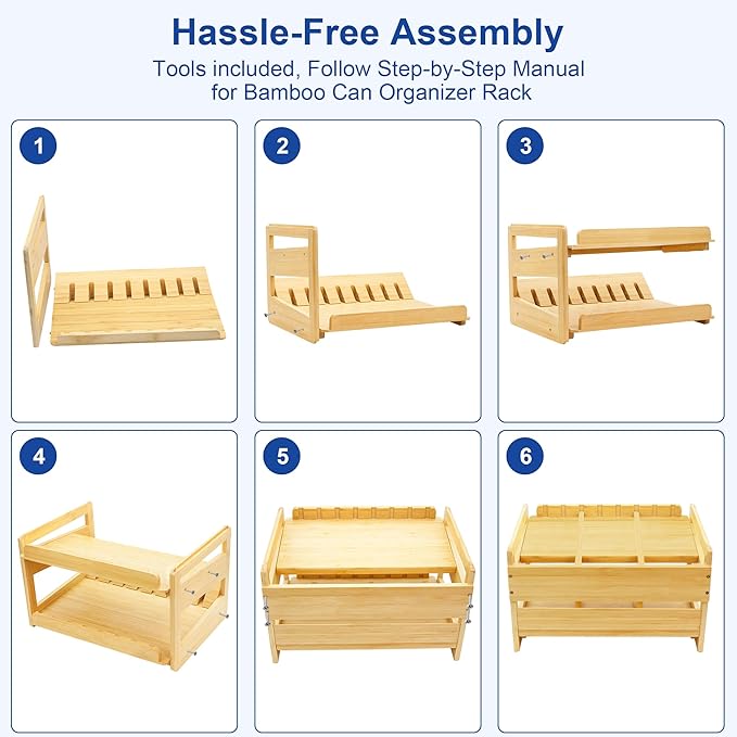 MinBoo Adjustable Can Organizer Rack, Two Tier Bamboo Stackable FIFO Cans Dispenser, Modern Style, Countertop, Assembly Required, Anti Shedding