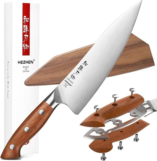 HEZHEN Pro Chefs Knives 8.3 Inch,High Carbon German 1.4116 Steel,Stainless Steel Rivets with Red Wood Handle,Razor Sharp,Super Edge,with Woodern Knife Sheath