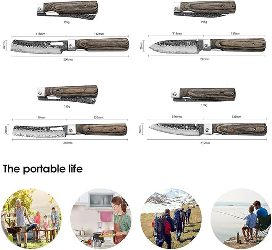 SENBON Forged 440A Stainless Steel Gift Packaging 4-piece Set Sharp Pocket Folding Chef Knife Universal Peeling Knife Bread Set Natural Olive Handle Portable Kitchen Knife