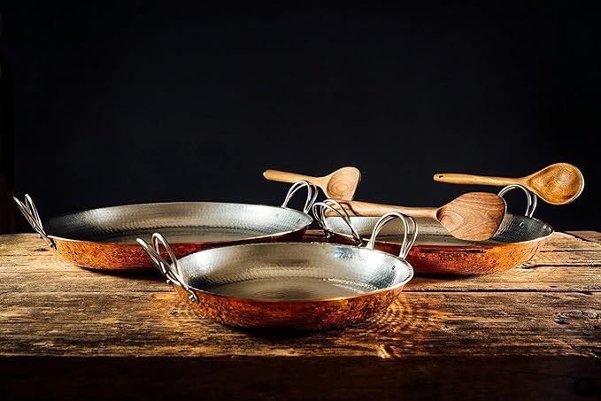 Sertodo Copper Alicante Paella style Cooking/Serving Pan, 10 Inch Diameter, Pure Copper, Heavy Gauge, Hand Hammered, Patented Stainless Steel Handles