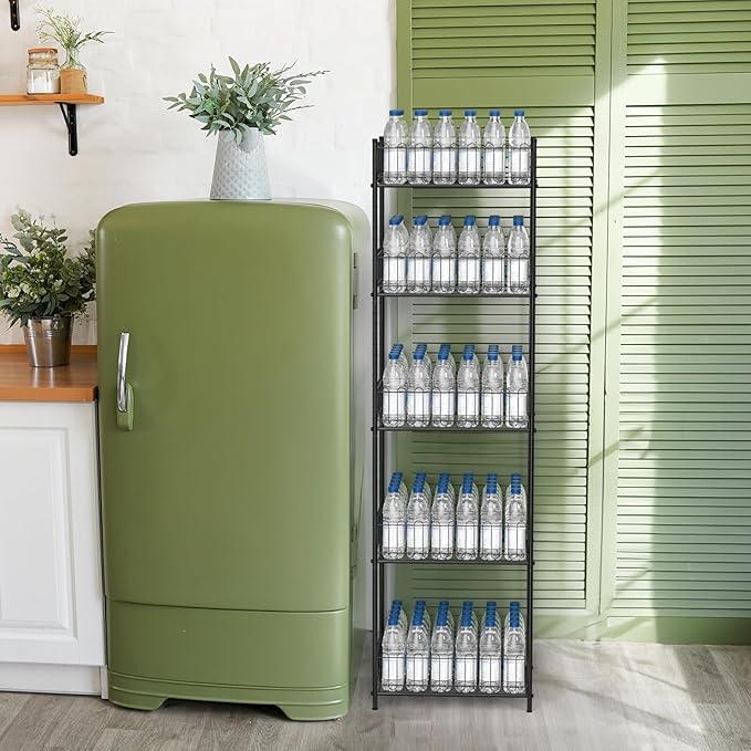 Vrisa 5 Tier Water Bottle Organizer Stand Fenced Freestanding Water Bottle Holder Metal Soft Drink Beverage Soda Can Storage Rack for Pantry, Kitchen, Home Party, Classroom