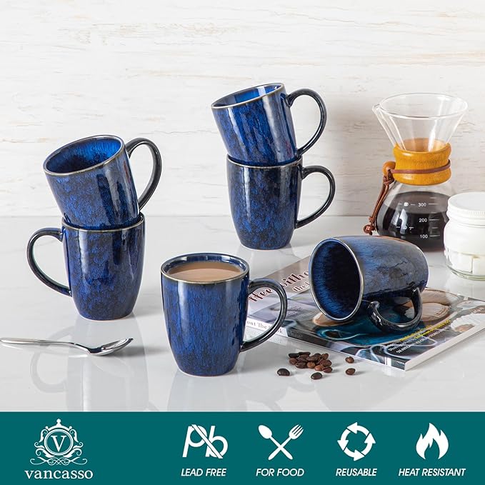 vancasso STARRY Ceramic Coffee Mug Set of 6, 12 Oz Tea Cups with Handle for Latte, Tea, Cappuccino, Milk, Cocoa, Microwave&Dishwasher Safe,Blue