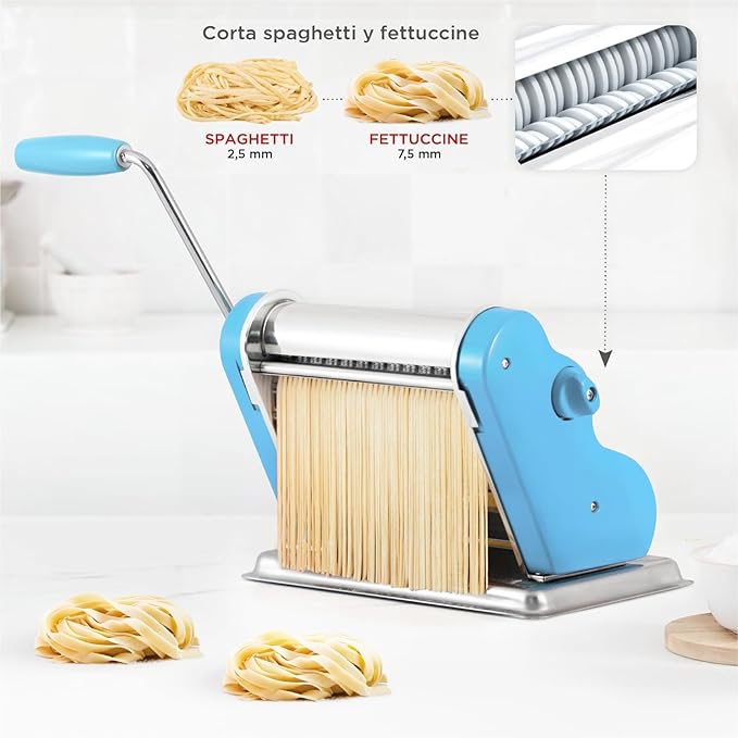 PASTALINDA Classic 200 Pasta Maker Machine, 20 cm Wide Rollers, 9 Thickness Positions, 2 Cutting Positions, Stainless Steel. Includes Reinforced Hand Crank And Two Clamps