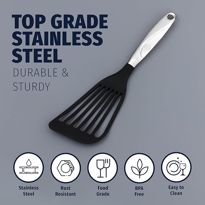 Zulay Kitchen Premium Fish Spatula Stainless Steel - Slotted, Non-Stick & Easy to Clean Fish Turner with Ergonomic Handle - Perfect for Cooking & Dishwasher Safe 12.8"