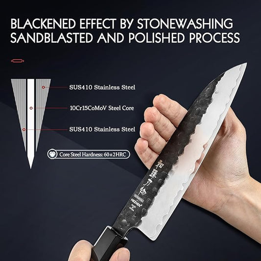 HEZHEN Chef's Knife Set 5PCS, 3 Layers High Carbon Clad,Razor Sharp 10Cr15CoMoV Steel Core, Ergonomic Redwood Octagonal Handle