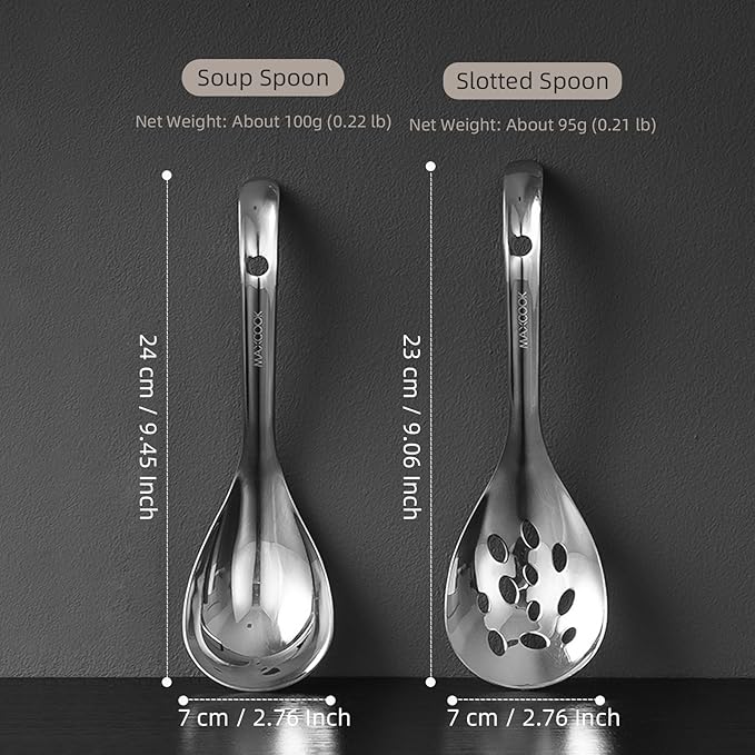 2 Pcs 18/8 Stainless Steel Slotted Spoon Soup Ladle, Kitchen Utensils for Cooking Serving Straining, 9 Inch Cooking Skimmer & SUS 304 Serving Spoons, Ideal for Hot Pot, Salad, Rice, Pasta