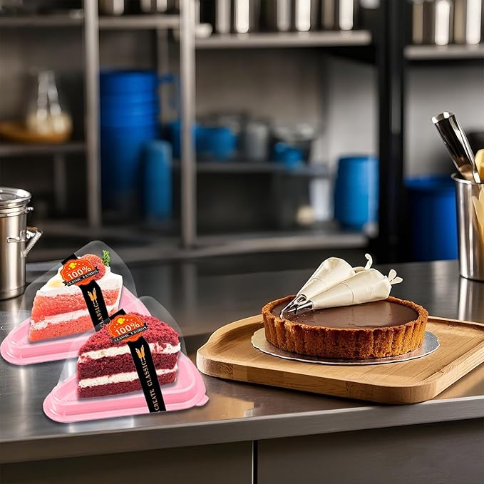 Cake Slice Container, 50 Pack Clear Plastic Cake Containers Cheesecake Container Pie Slice Box, Individual Pie Slice Box Disposable Cheesecake Containers For Pies Snack Dessert (Pink)