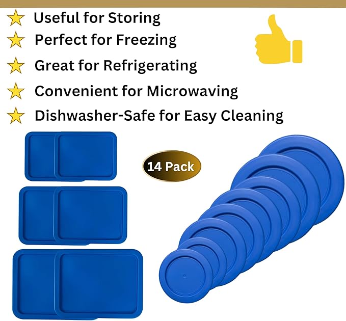 1, 2, 4 & 7 Cup Blue Round & 3, 6, 11 Cup Blue Rectangle Replacement Lids/Covers for Pyrex, Anchor Hocking & KlareWare Storage Bowls *Lids Only -Glass Container Not Included*, 14 Pack *2 of Each Size*