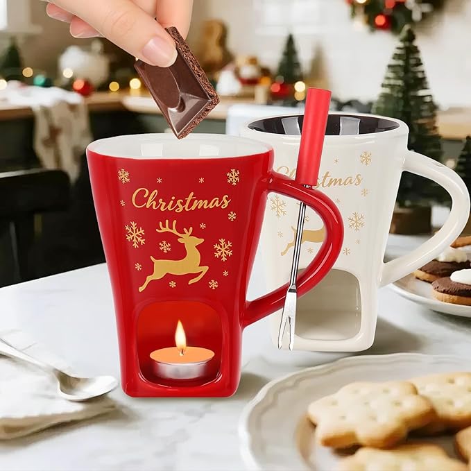 HANEVEAR 2 Pack Chocolate Fondue Mug, Mini Chocolate Melting Mug with 4 Forks and 4 Tealights, Ceramic Fondue Cup with Festive Holiday Pattern for Cheese, Butter - Birthday, Christmas, Wedding Gift