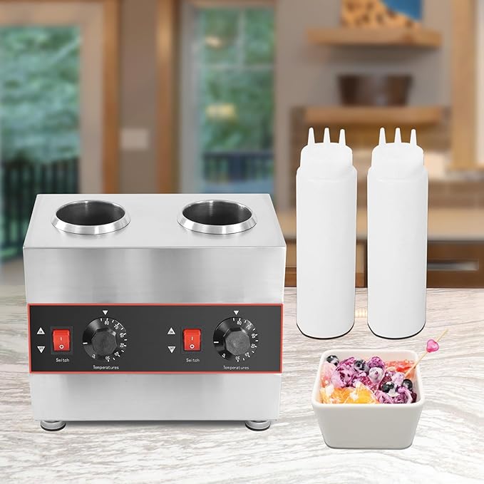 Electric Nacho Cheese Warmer Machine 2 Pot Commercial Hot Fudge Dispenser Stainless Steel Hot Chocolate Dispenser with 2 Sauce Squeeze Bottles for Cheese Caramel Jam Ketchup 320W (2 Pot)