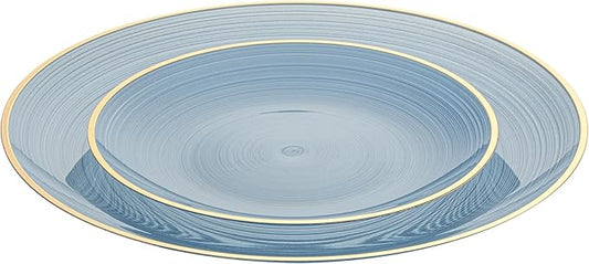 Restaurantware Plastic Plates 200 Pcs 7.13" and 10" Combo Gold Rimmed Plate Set Disposable Heavy-Duty Blue Translucent Rippled Plastic Dinner Servers for Party, Weddings, Salads, Desserts
