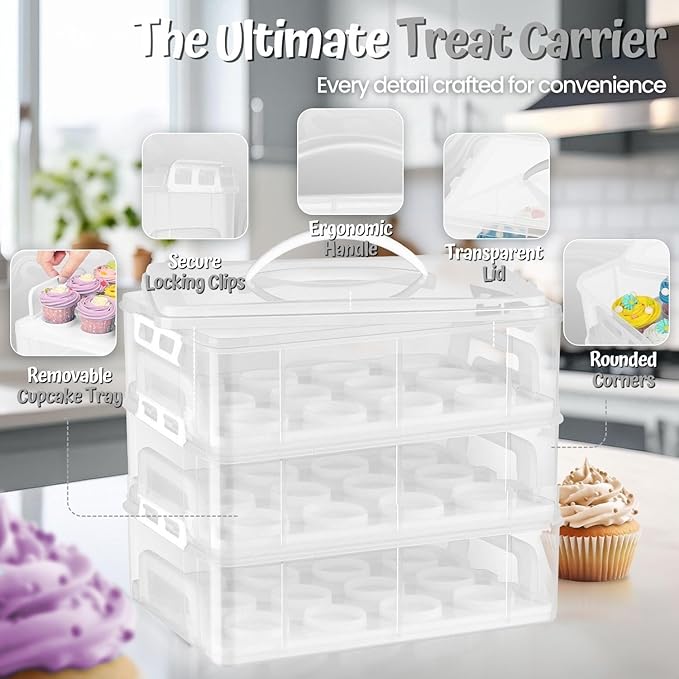 Flexzion 36 Cupcake Carrier 3 Tier Stackable Storage Container Collapsible Cake Carrier with Lid and Handle, Reusable Rectangular Plastic Dessert Travel Container, Display Holder Transport Box (Clear)