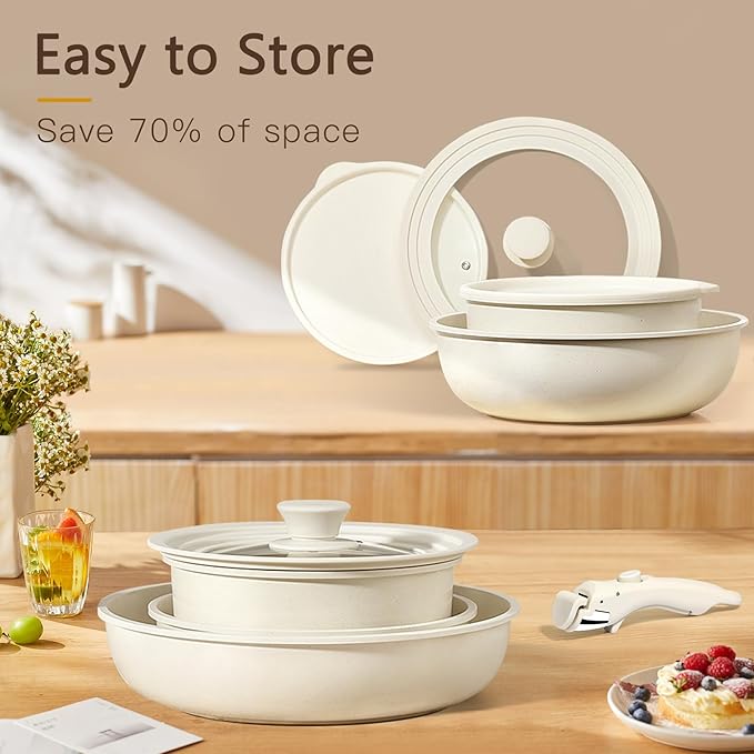 GiPP Ceramic Pots and Pans Set Non Stick, Nonstick Detachable Handle Cookware Sets, Healthy Non Toxic PFAS PFOA & PTFE Free, Dishwasher &Oven Safe, Induction Kitchen Pot and Pan, 15 Piece Cream