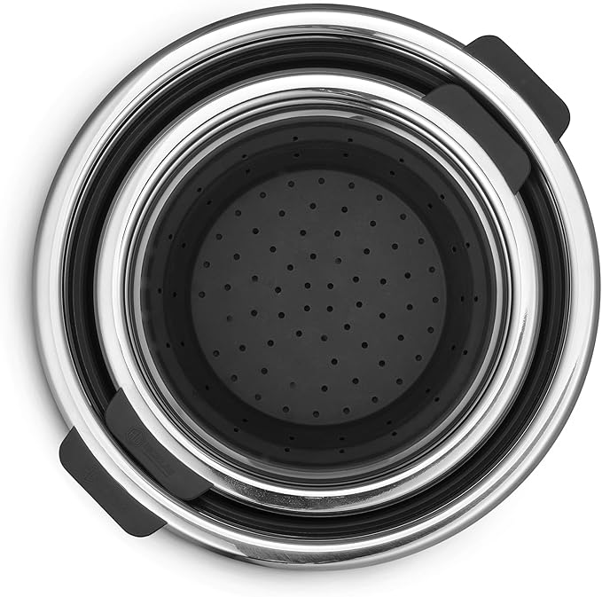 HexClad 2-Piece Steamer Basket Set for Steaming and Draining, Fits HexClad's 3 and 8Qt Pots, Dishwasher-Safe, Space-Saving Design, Heat-Safe to 425ºF, Non-Slip Handles, Silicone and Stainless Steel