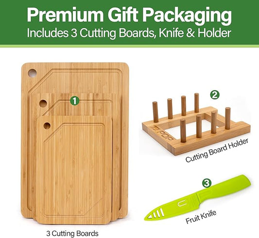 Bamboo Cutting Board For Kitchen, Bamboo Cutting Board Set of 3 with Juice Groove, Double-Sided Chopping Board Serving Board with Hanging Hole for Meat, Vegetables and Cheese