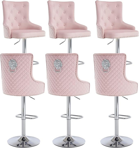 Velvet Lion Bar Stools Set of 6, Modern Height Adjustable Swivel Barstools with Chrome Base, Tufted Counter Height Bar Stools Upholstered Bar Chairs for Kitchen Island, Dining Room, Pink