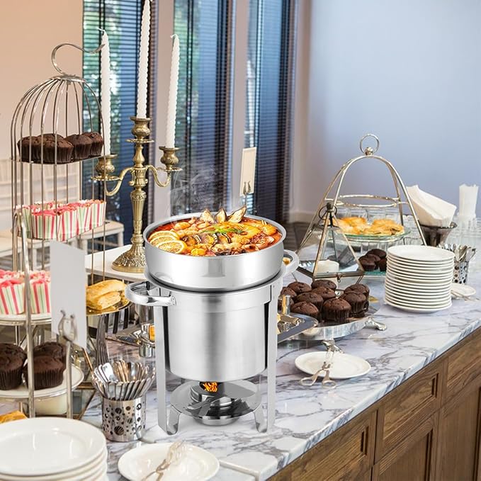 Snowtaros 7QT Soup Chafer, Stainless Steel Round Soup Warmer with Pot Lid & Fuel Holder, Commercial Soup Pot Chafing Dish for Catering, Parties, Banquets, Events (2 Pack)