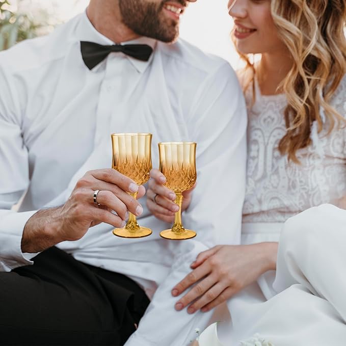 12 Pcs Plastic Amber Wine Drinking Glasses, Plastic Vintage Gold Champagne Vintage Wine Glasses, Unbreakable Goblets for Parties Wedding, Party, Red Wine Glass, Bars, Restaurants, 7Oz