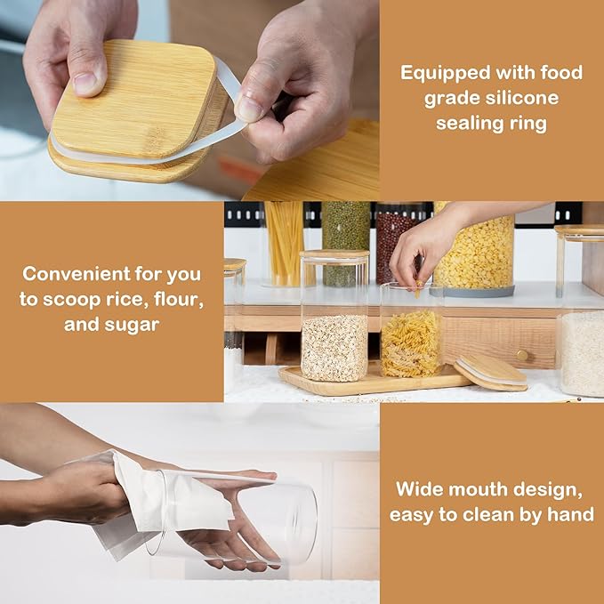 156oz Airtight Glass Square Storage Canister with Bamboo Lid Set of 2(4600ml*2) Large Gallon Glass Jars for Sugar, Flour, Cookies and Coffee beans (with Black Lable)