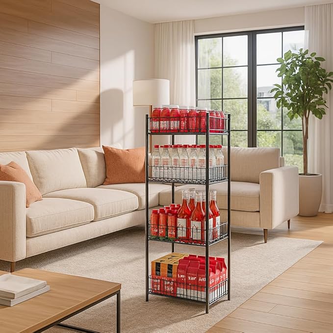 Vrisa Water Bottle Organizer 4 Tiers Free Standing Water Bottle Holder Beverage Soda Can Drink Holder Stand Can Organizer Storage Rack for Pantry Kitchen Food Storage, Black