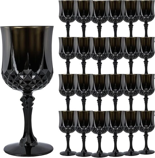 Plastic Wine Glasses,Plastic Goblets Vintage Style Cordial Drinking Glasses for Wedding Reception, Halloween Grand Event Party Supplies (24, Black)
