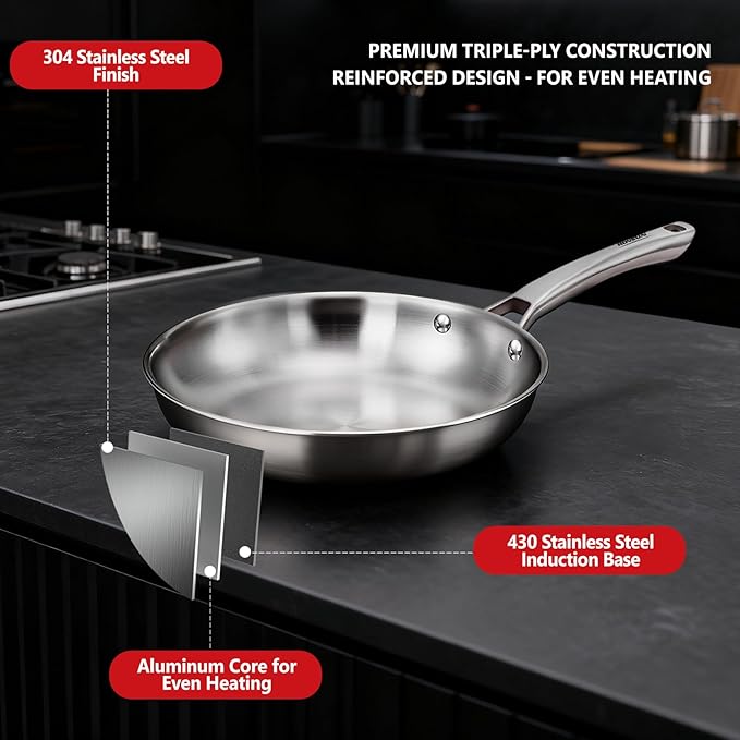 ROVSUN 11-Pcs Stainless Steel Cookware Set, Tri-Ply Pots and Pans Set with Lids, Full Clad Stainless Steel, Non-Toxic Kitchen Set, PFOA & PTFE Free, Compatible for All Cooktops