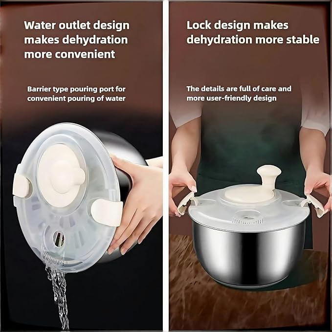 Salad Spinner Stainless Steel, Metal Salad Spinner, Salad Spinner Large, 6L with PP Cover, Essential Kitchen Tool for Dehydrating Lettuce, Fruits and Vegetables, Pasta and French Fries