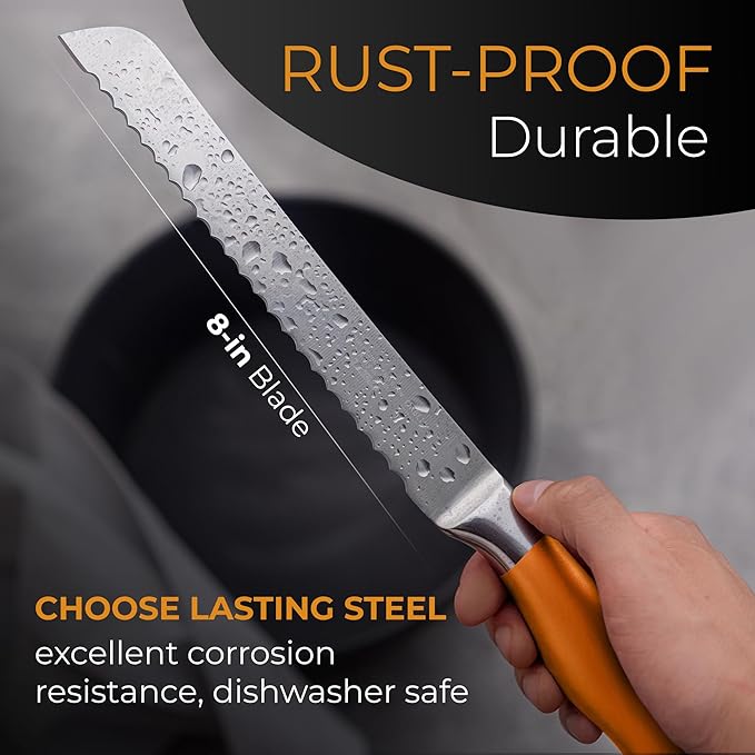 Orblue Serrated Bread Knife with Upgraded Stainless Steel Razor Sharp Wavy Edge Width - Bread Cutter Ideal for Slicing Homemade Bread, Bagels, Cake (8-Inch Blade with 5-Inch Handle) Orange