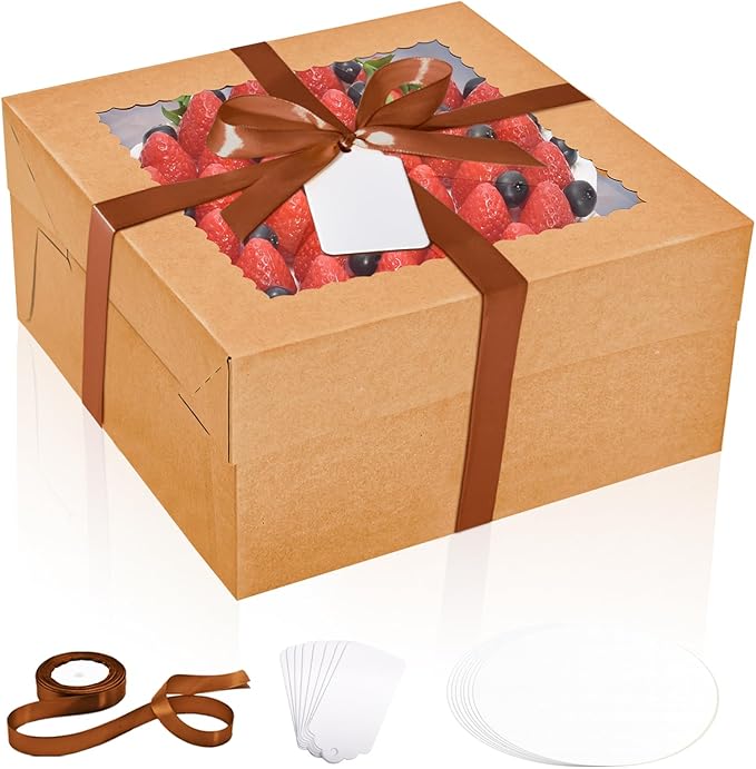 16Pcs 12x12x6 Inch Cake Boxes with Cake Boards (8Pcs Brown Cake Boxes, 8Pcs Cake Boards), Bakery Boxes with Window, Cake Carrier Container for Birthday Party, Wedding